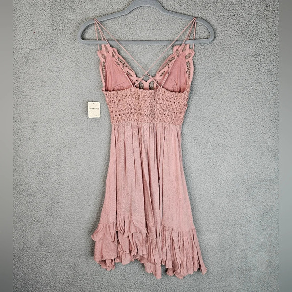 Free People Womens Adella V-Neck Sleeveless Pastel Pink Ruffle-Lace Mini Sz S - Picture 8 of 14